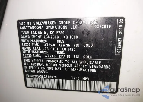 2019 Volkswagen Atlas 3.6L V6 Se W/Technology z USA, uszkodzony, nr VIN 1V2UR2CA3KC543673